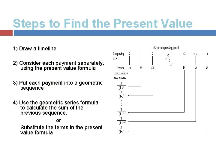 Steps to Find the Present Value 1) Draw a timeline 2) Consider each payment