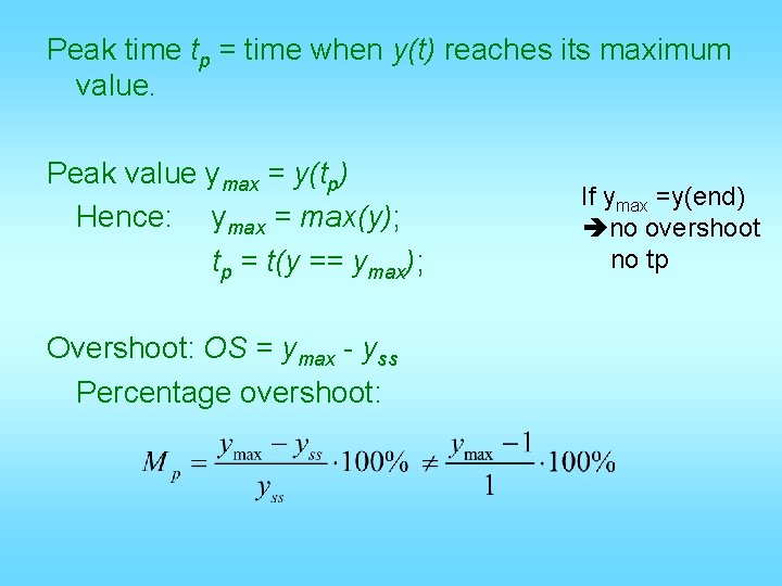 Peak time tp = time when y(t) reaches its maximum value. Peak value ymax