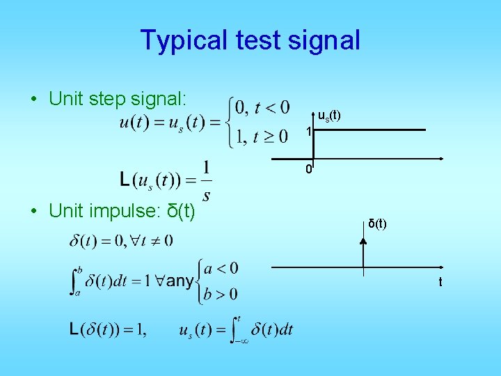 Typical test signal • Unit step signal: us(t) 1 0 • Unit impulse: δ(t)