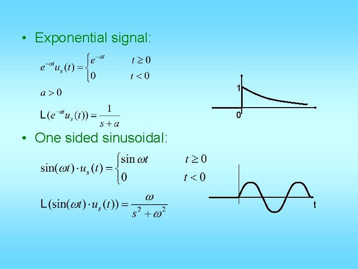  • Exponential signal: 1 0 • One sided sinusoidal: t 