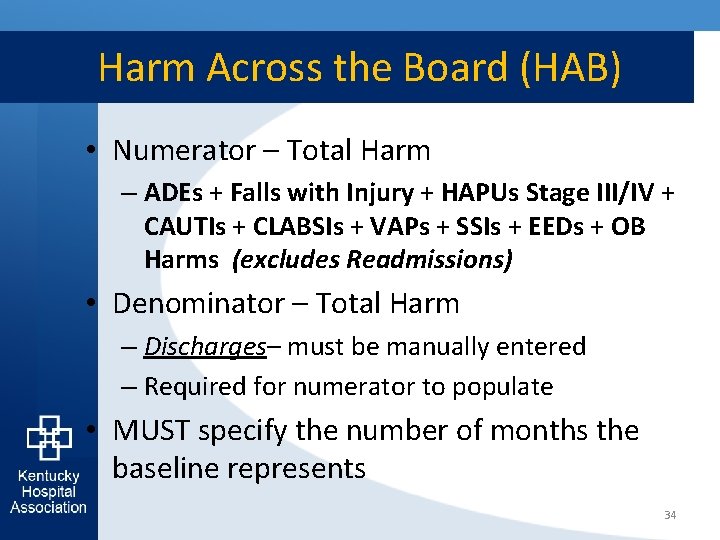 Harm Across the Board (HAB) • Numerator – Total Harm – ADEs + Falls