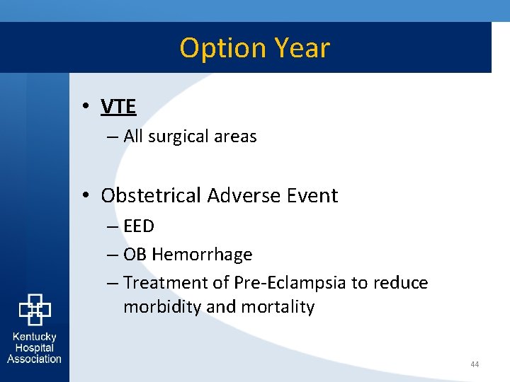 Option Year • VTE – All surgical areas • Obstetrical Adverse Event – EED