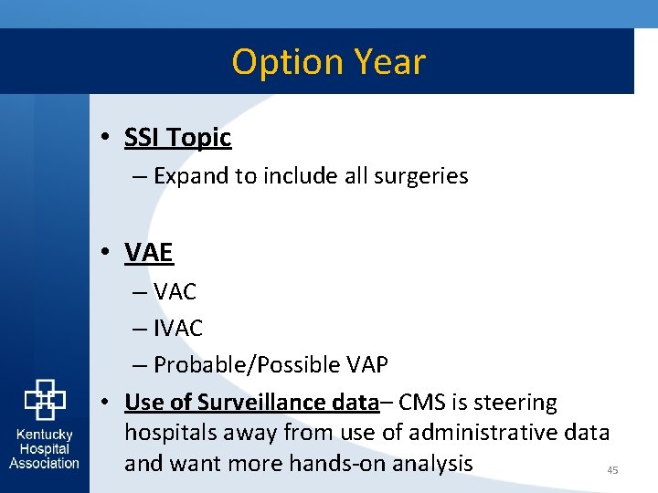 Option Year • SSI Topic – Expand to include all surgeries • VAE –