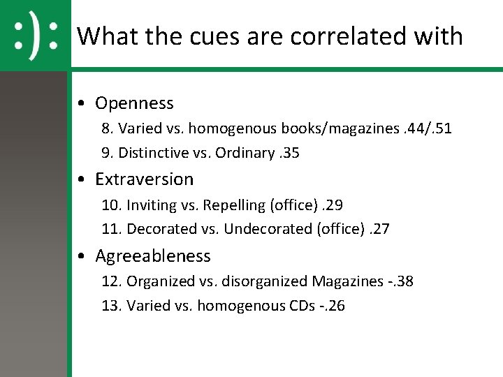 What the cues are correlated with • Openness 8. Varied vs. homogenous books/magazines. 44/.