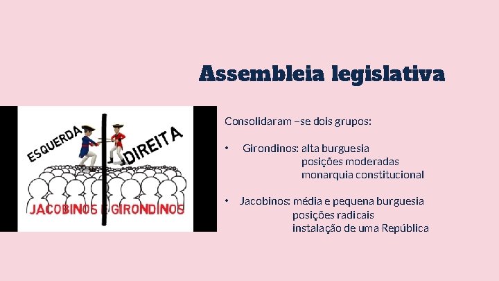 Assembleia legislativa Consolidaram –se dois grupos: • Girondinos: alta burguesia posições moderadas monarquia constitucional