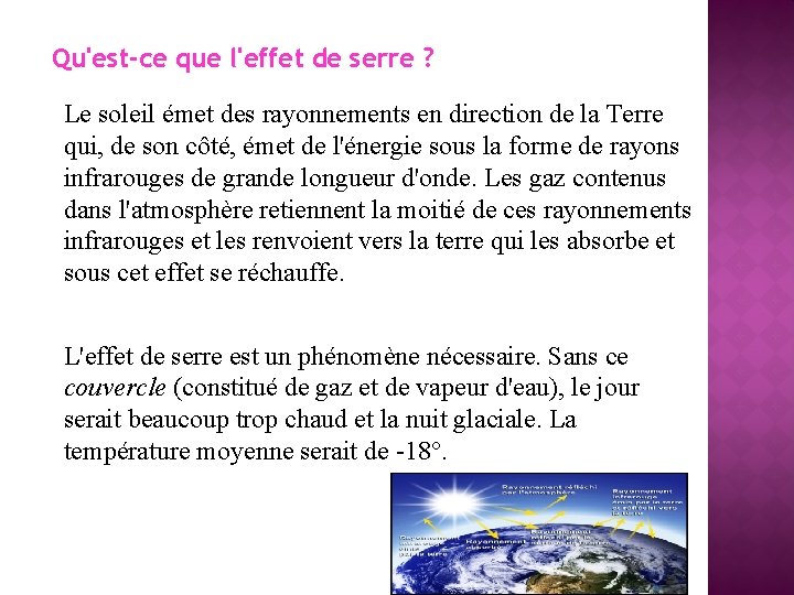 Qu'est-ce que l'effet de serre ? Le soleil émet des rayonnements en direction de