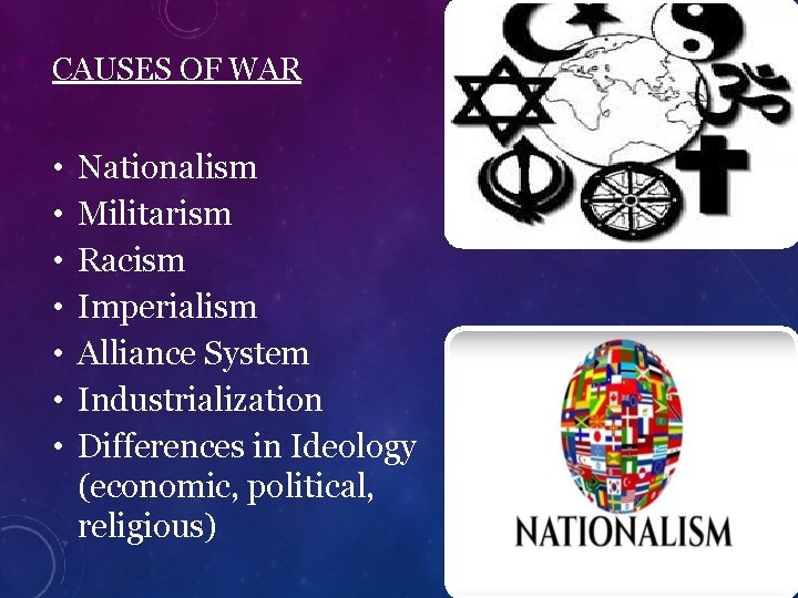 CAUSES OF WAR • • Nationalism Militarism Racism Imperialism Alliance System Industrialization Differences in