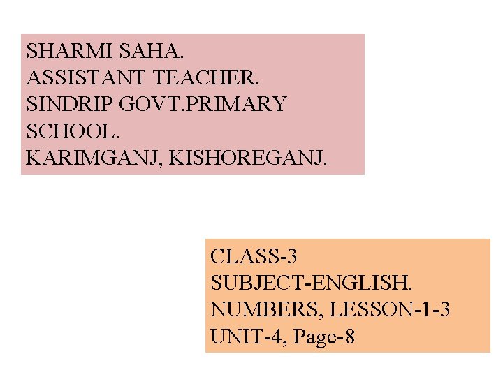 SHARMI SAHA. ASSISTANT TEACHER. SINDRIP GOVT. PRIMARY SCHOOL. KARIMGANJ, KISHOREGANJ. CLASS-3 SUBJECT-ENGLISH. NUMBERS, LESSON-1