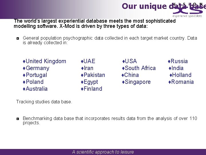 Our unique data base The world’s largest experiential database meets the most sophisticated modelling