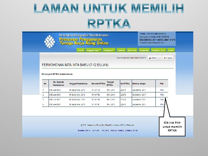 Klik link Pilih untuk memilih RPTKA 