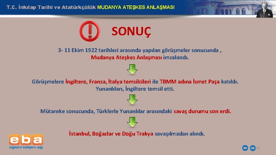 T. C. İnkılap Tarihi ve Atatürkçülük MUDANYA ATEŞKES ANLAŞMASI ! SONUÇ 3 - 11