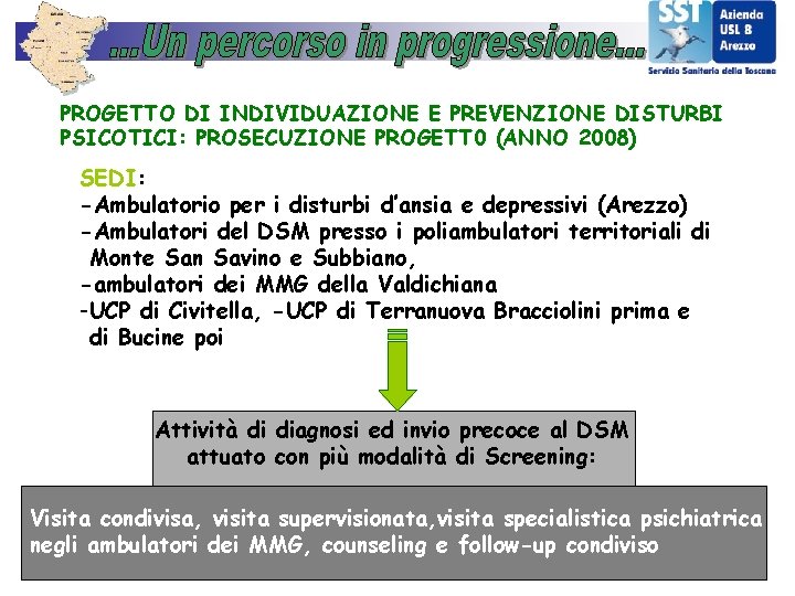 PROGETTO DI INDIVIDUAZIONE E PREVENZIONE DISTURBI PSICOTICI: PROSECUZIONE PROGETT 0 (ANNO 2008) SEDI: -Ambulatorio