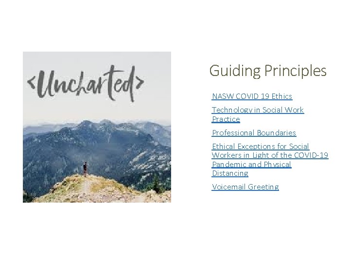 Guiding Principles NASW COVID 19 Ethics Technology in Social Work Practice Professional Boundaries Ethical