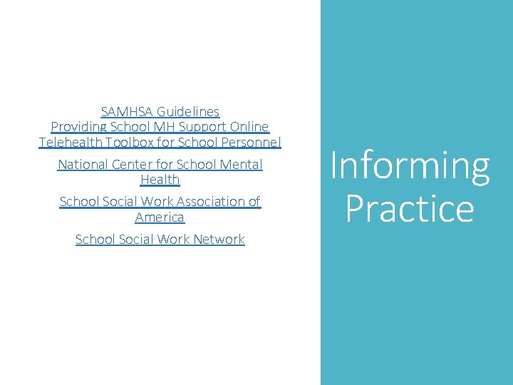 SAMHSA Guidelines Providing School MH Support Online Telehealth Toolbox for School Personnel National Center