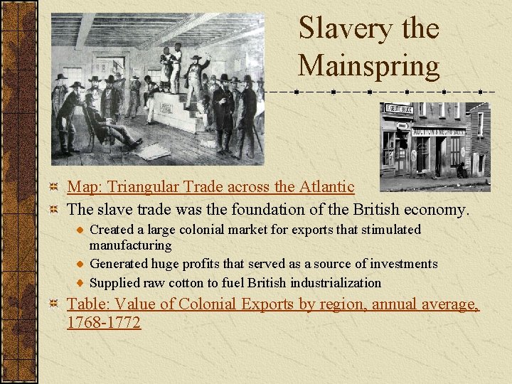 Slavery the Mainspring Map: Triangular Trade across the Atlantic The slave trade was the