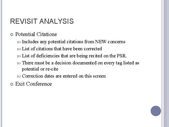 REVISIT ANALYSIS Potential Citations Includes any potential citations from NEW concerns List of citations
