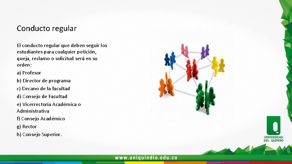 Conducto regular El conducto regular que deben seguir los estudiantes para cualquier petición, queja,