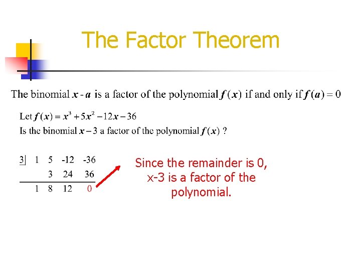 The Factor Theorem Since the remainder is 0, x-3 is a factor of the