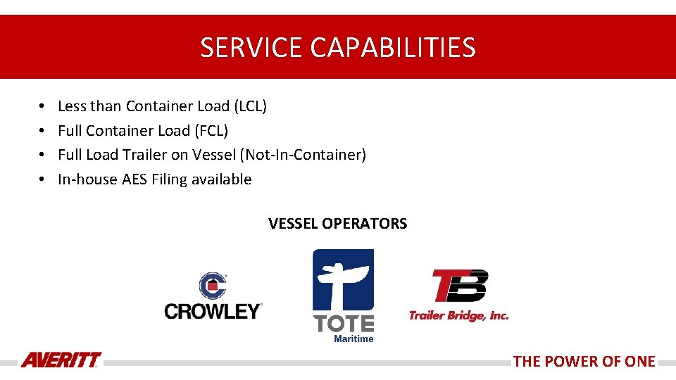 SERVICE CAPABILITIES • • Less than Container Load (LCL) Full Container Load (FCL) Full
