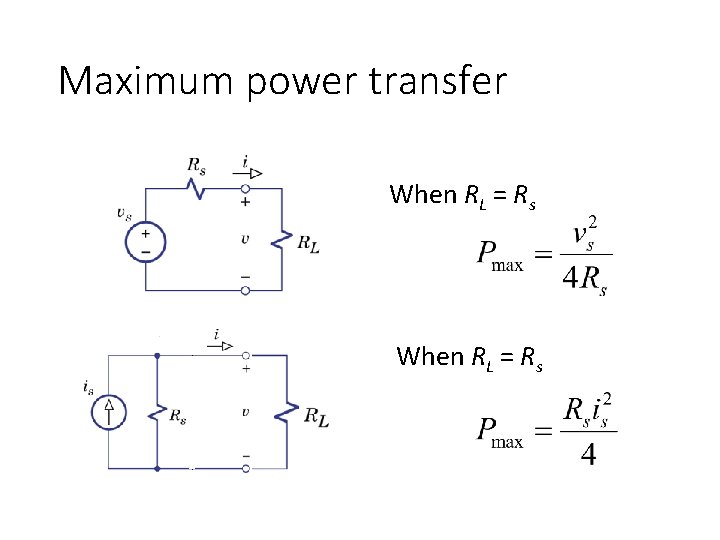 Maximum power transfer When RL = Rs 