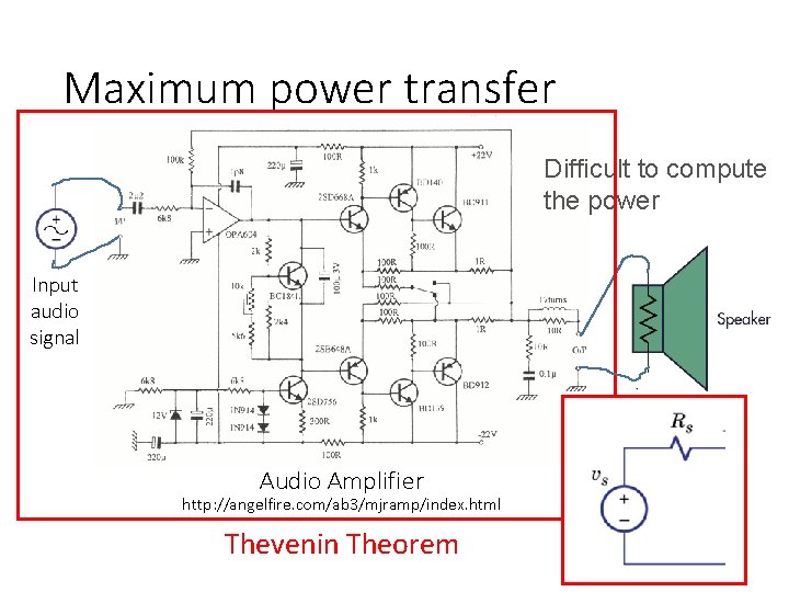 Maximum power transfer Difficult to compute the power Input audio signal Audio Amplifier http: