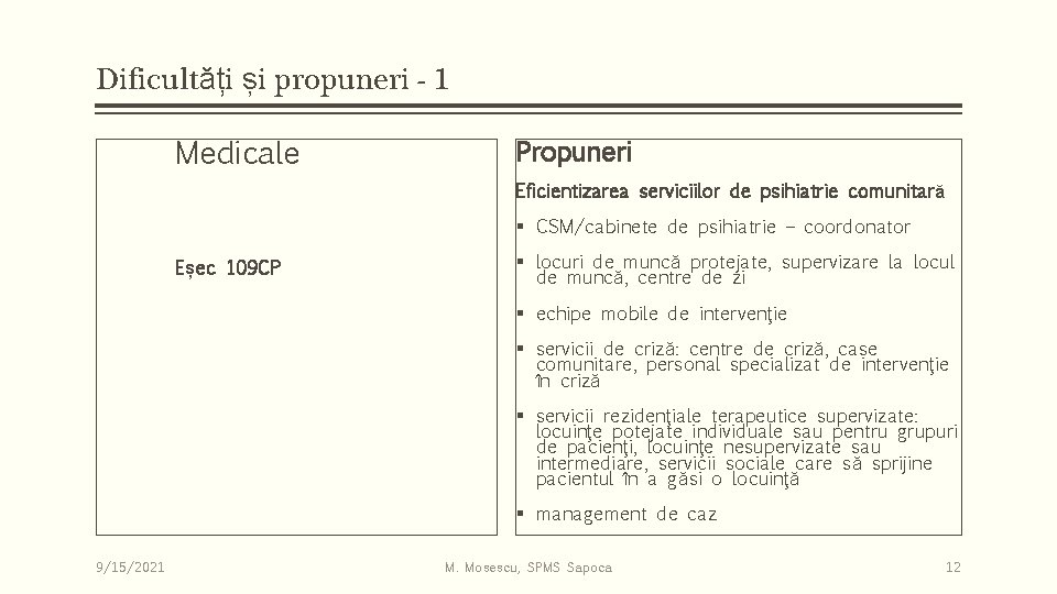 Dificultăți și propuneri - 1 Medicale Propuneri Eficientizarea serviciilor de psihiatrie comunitară § CSM/cabinete