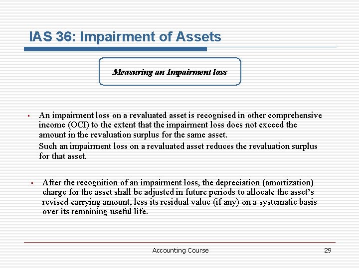 IAS 36: Impairment of Assets Measuring an Impairment loss An impairment loss on a