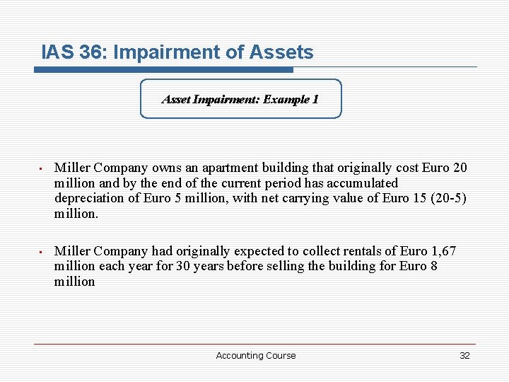 IAS 36: Impairment of Assets Asset Impairment: Example 1 • Miller Company owns an