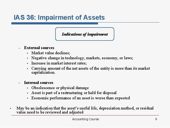 IAS 36: Impairment of Assets Indications of impairment • – External sources • Market