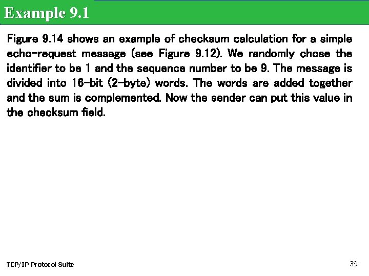 Example 9. 1 Figure 9. 14 shows an example of checksum calculation for a