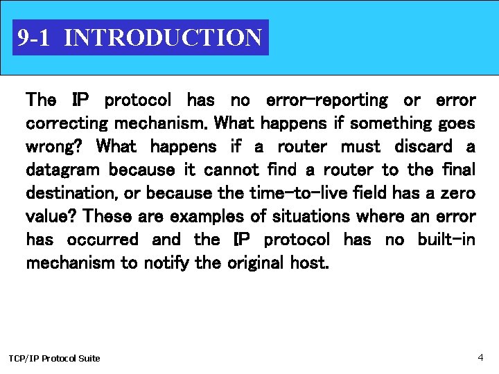 9 -1 INTRODUCTION The IP protocol has no error-reporting or error correcting mechanism. What