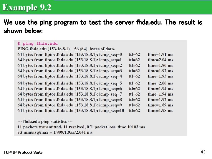 Example 9. 2 We use the ping program to test the server fhda. edu.