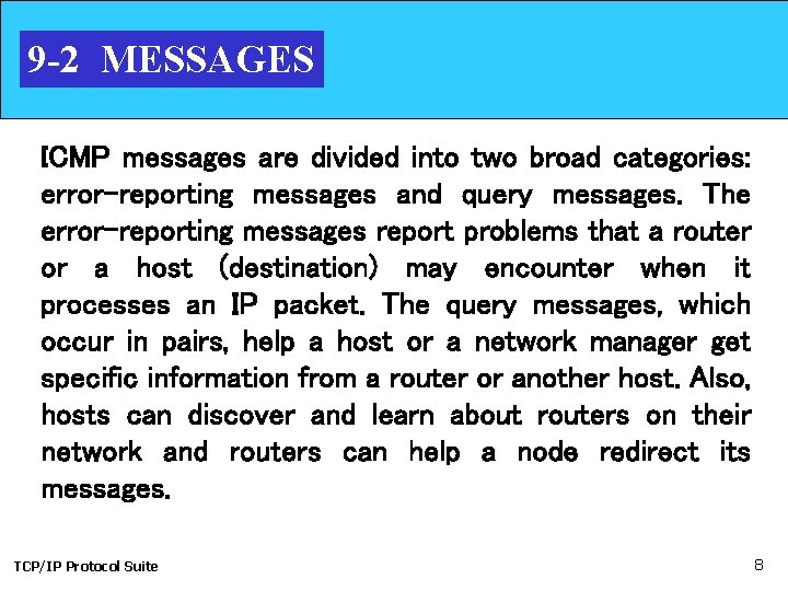 9 -2 MESSAGES ICMP messages are divided into two broad categories: error-reporting messages and