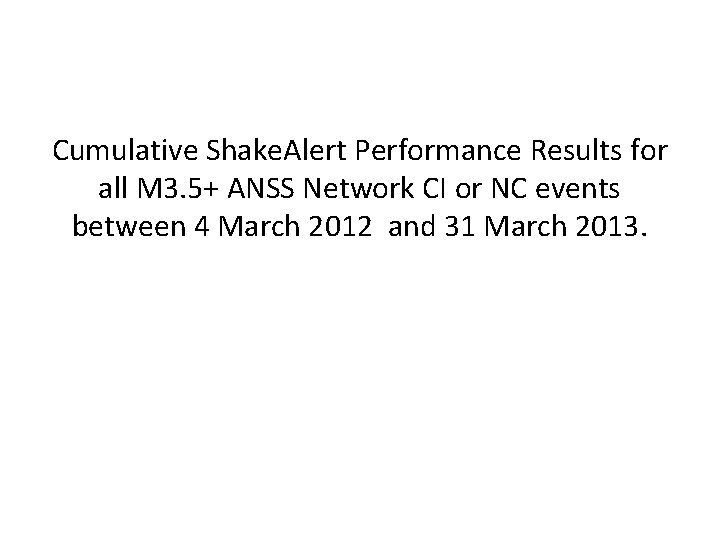 Cumulative Shake. Alert Performance Results for all M 3. 5+ ANSS Network CI or
