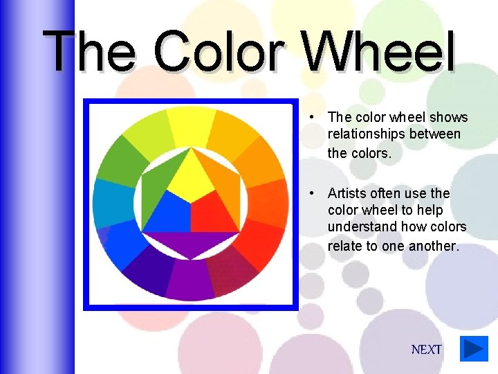 The Color Wheel • The color wheel shows relationships between the colors. • Artists