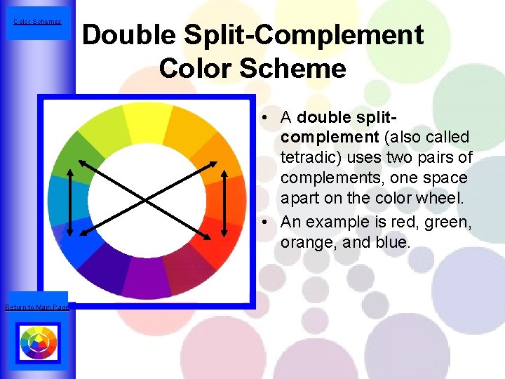 Color Schemes Double Split-Complement Color Scheme • A double splitcomplement (also called tetradic) uses