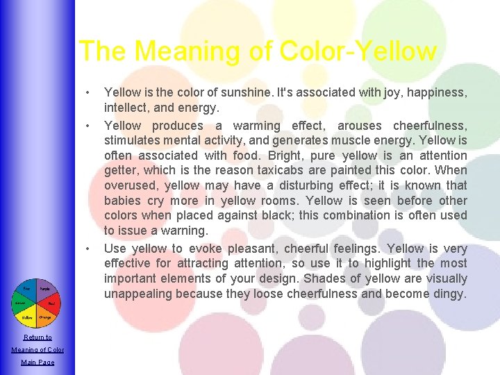 The Meaning of Color-Yellow • • • Return to Meaning of Color Main Page