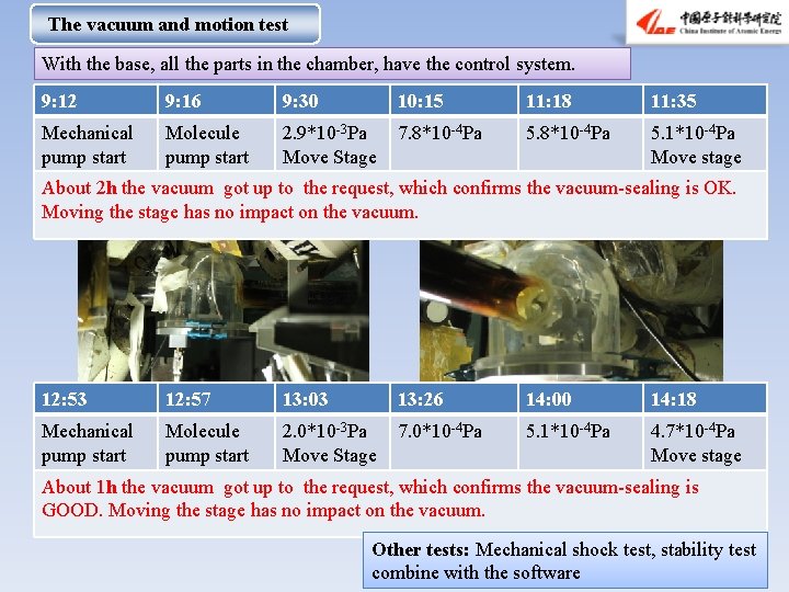 The vacuum and motion test With the base, all the parts in the chamber,