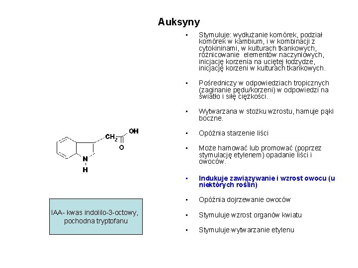 Auksyny IAA- kwas indolilo-3 -octowy, pochodna tryptofanu • Stymuluje: wydłużanie komórek, podział komórek w