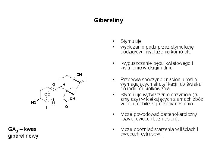 Gibereliny • • Stymuluje: wydłużanie pędu przez stymulację podziałów i wydłużania komórek. • wypuszczanie