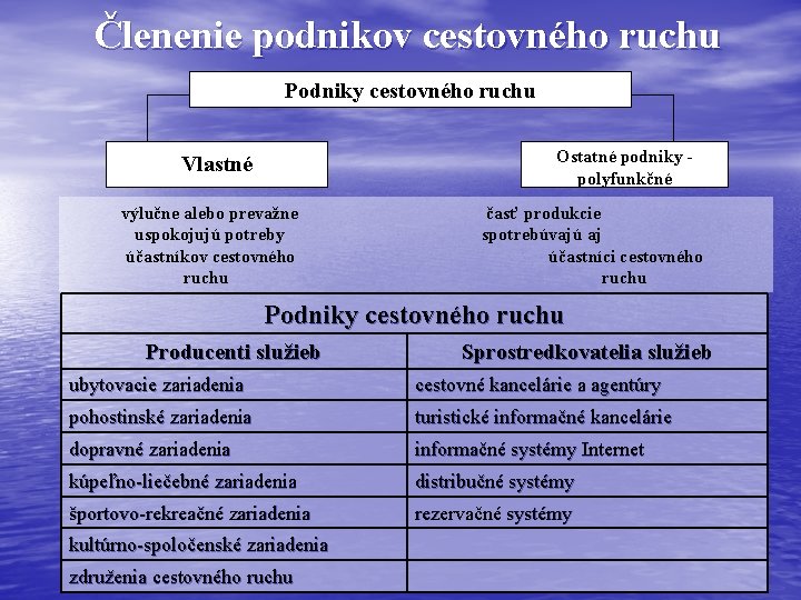 Členenie podnikov cestovného ruchu Podniky cestovného ruchu Ostatné podniky polyfunkčné Vlastné výlučne alebo prevažne