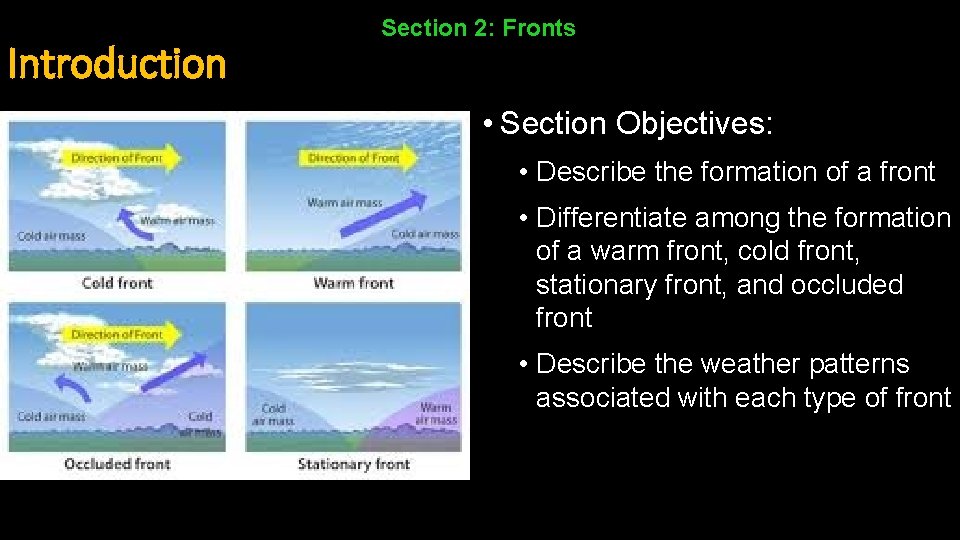 Introduction Section 2: Fronts • Section Objectives: • Describe the formation of a front