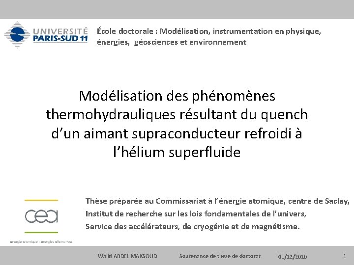 École doctorale : Modélisation, instrumentation en physique, énergies, géosciences et environnement Modélisation des phénomènes