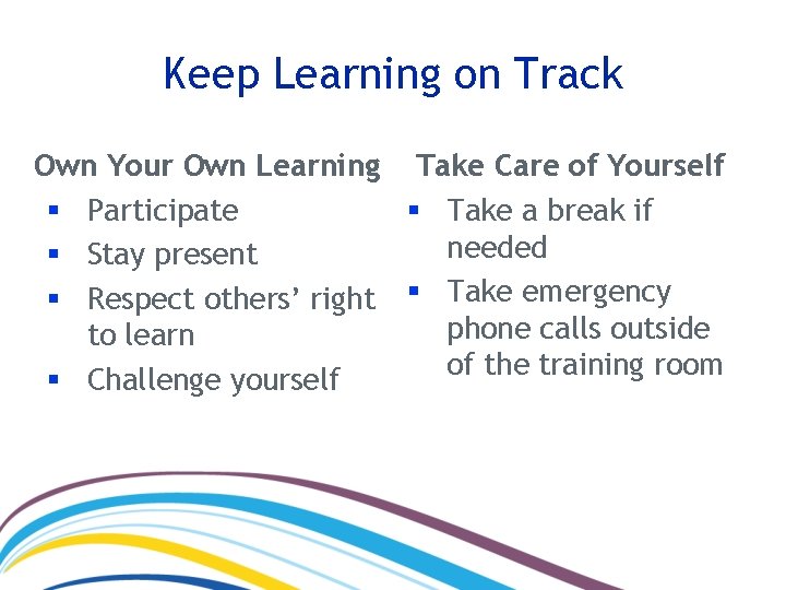 Keep Learning on Track Own Your Own Learning Take Care of Yourself § Participate Keep Learning on Track Own Your Own Learning Take Care of Yourself § Participate