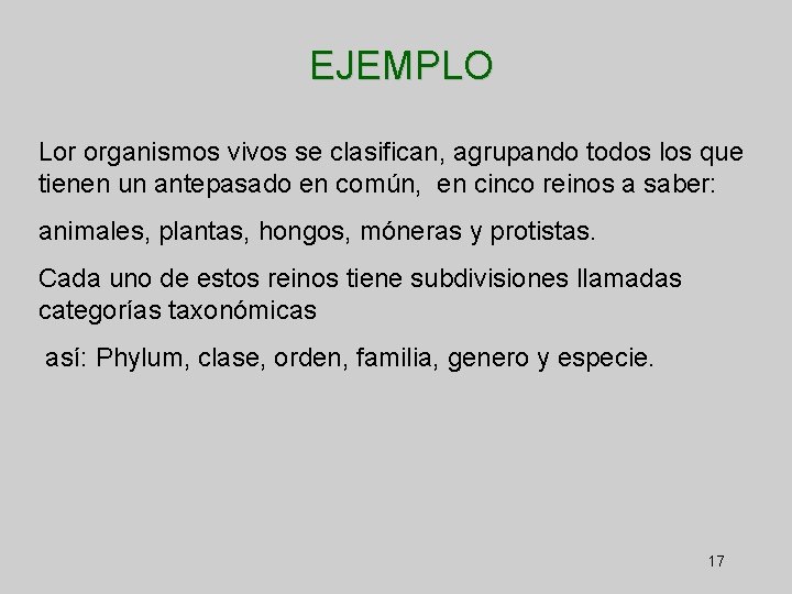 EJEMPLO Lor organismos vivos se clasifican, agrupando todos los que tienen un antepasado en