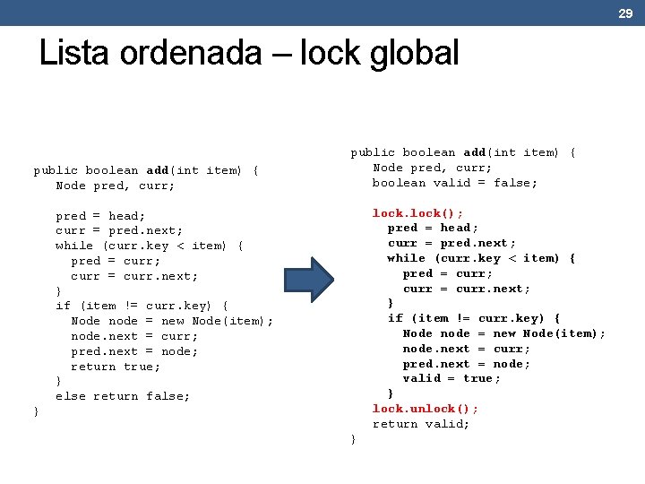 29 Lista ordenada – lock global public boolean add(int item) { Node pred, curr;