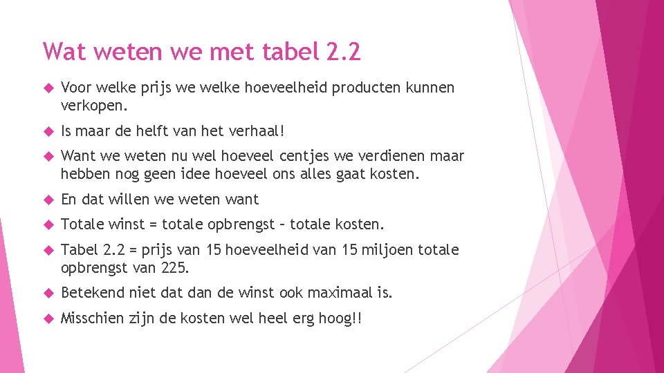 Wat weten we met tabel 2. 2 Voor welke prijs we welke hoeveelheid producten