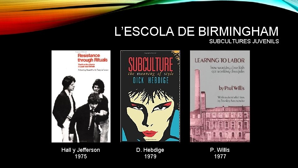 L’ESCOLA DE BIRMINGHAM SUBCULTURES JUVENILS Hall y Jefferson 1975 D. Hebdige 1979 P. Willis