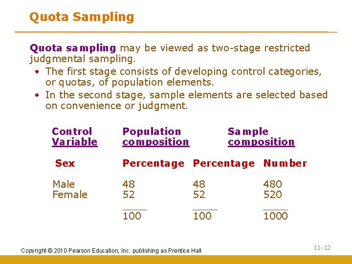 Quota Sampling Quota sampling may be viewed as two-stage restricted judgmental sampling. • The