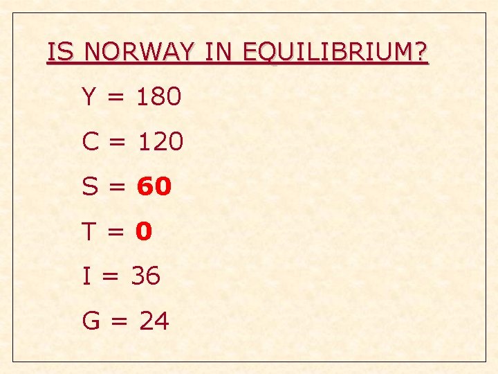 IS NORWAY IN EQUILIBRIUM? Y = 180 C = 120 S = 60 T=0 IS NORWAY IN EQUILIBRIUM? Y = 180 C = 120 S = 60 T=0